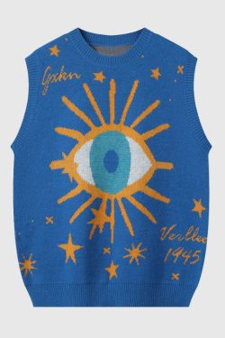 Style Core Aesthetics, New Style Trends Cartoon Eyes Jacquard Sweater Vest