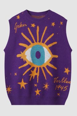 Style Core Aesthetics, New Style Trends Cartoon Eyes Pattern Jacquard Vest Sweater
