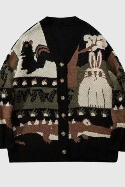 Style Core Aesthetics, New Style Trends Cartoon Rabbit Jacquard Cardigan