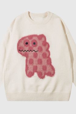 Style Core Aesthetics, New Style Trends Cartoon Spotted Dinosaur Embroidered Pullover