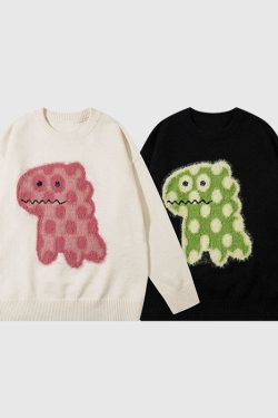 Style Core Aesthetics, New Style Trends Cartoon Spotted Dinosaur Embroidered Pullover