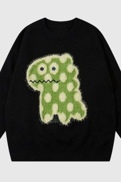 Style Core Aesthetics, New Style Trends Cartoon Spotted Dinosaur Embroidered Pullover