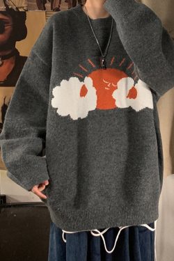 Style Core Aesthetics, New Style Trends Cartoon Sun Graffiti Knit Sweater