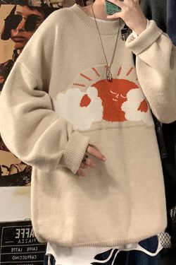Style Core Aesthetics, New Style Trends Cartoon Sun Graffiti Knit Sweater