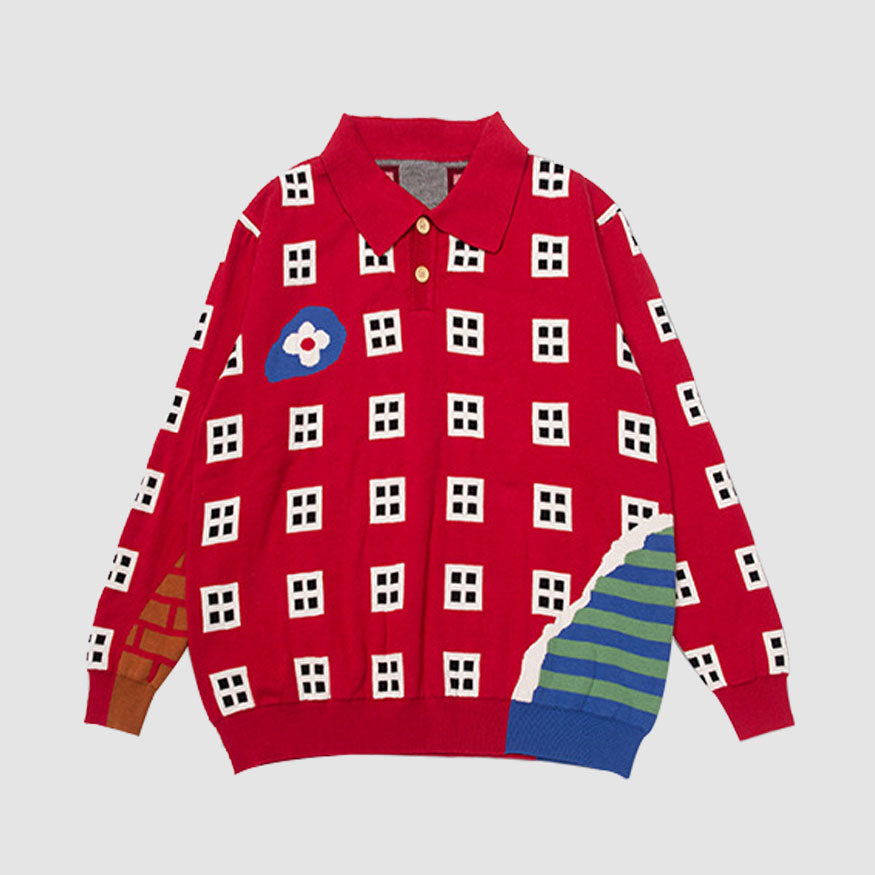 Style Core Aesthetics, New Style Trends Cartoon Window Pattern Collared Sweater Style Core Aesthetics, New Style Trends Cartoon Window Pattern Collared Sweater