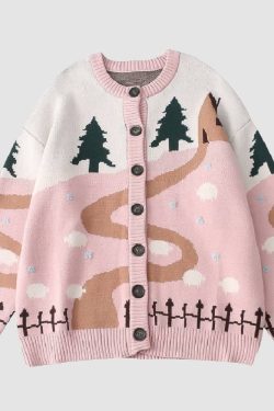 Style Core Aesthetics, New Style Trends Childlike Landscape Illustration Jacquard Cardigan Sweater