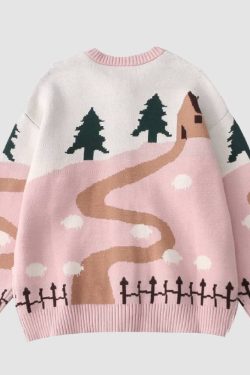 Style Core Aesthetics, New Style Trends Childlike Landscape Illustration Jacquard Cardigan Sweater