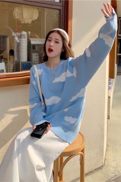 Style Core Aesthetics, New Style Trends Clouds Print Knitted Sweater