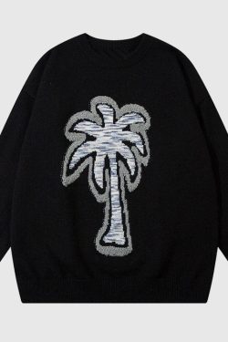 Style Core Aesthetics, New Style Trends Coconut Tree Pattern Embroidered Pullover