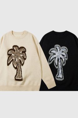 Style Core Aesthetics, New Style Trends Coconut Tree Pattern Embroidered Pullover