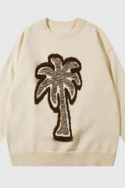 Style Core Aesthetics, New Style Trends Coconut Tree Pattern Embroidered Pullover