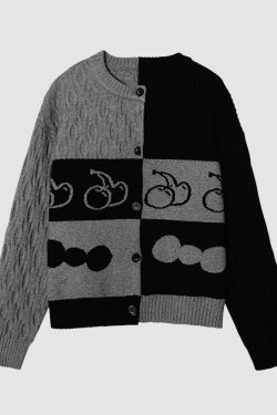 Style Core Aesthetics, New Style Trends Color Block Cherry Pattern Cardigan Sweater