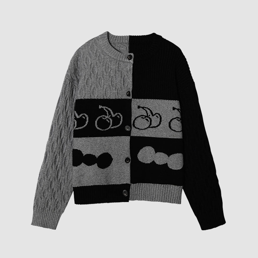 Style Core Aesthetics, New Style Trends Color Block Cherry Pattern Cardigan Sweater Style Core Aesthetics, New Style Trends Color Block Cherry Pattern Cardigan Sweater