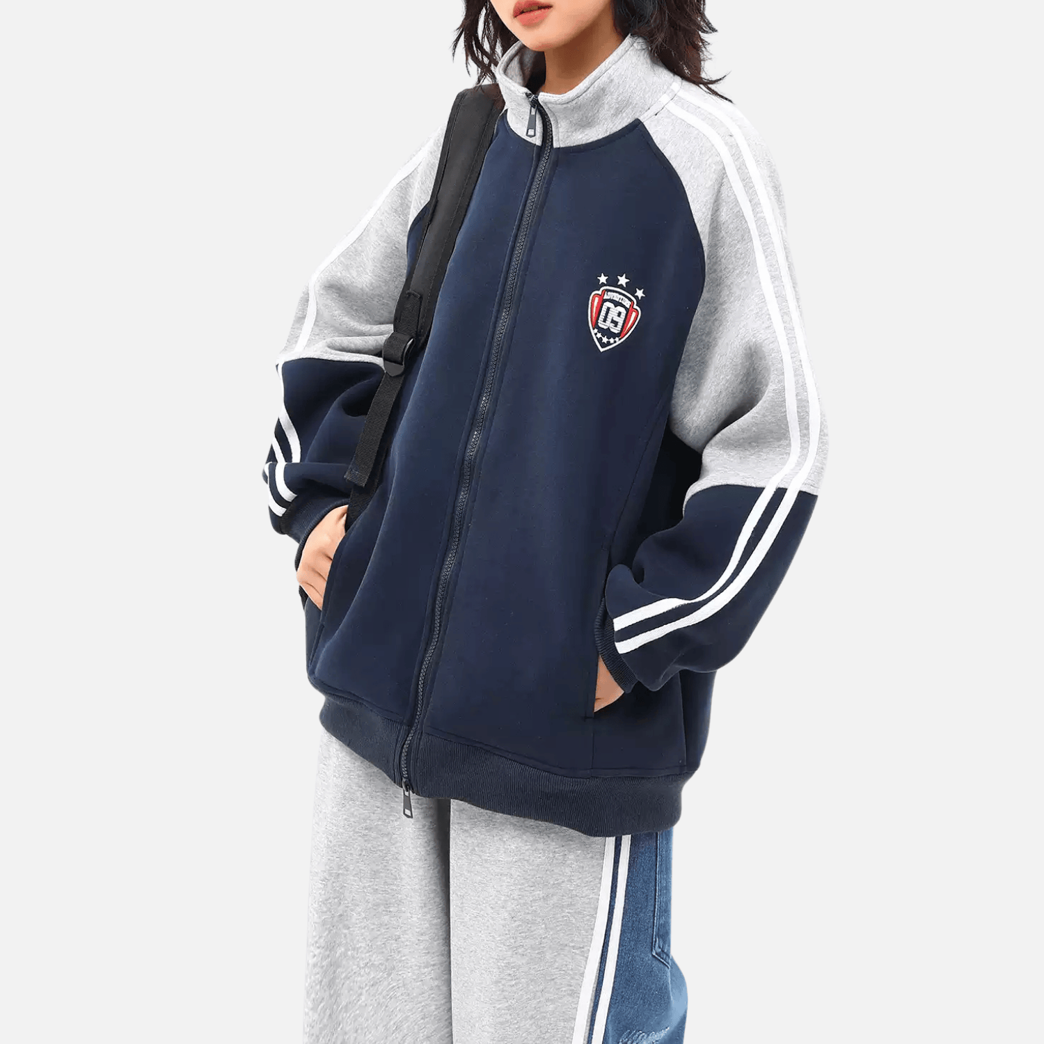 Style Core Aesthetics, New Style Trends Color-Block Embroidered Stand Collar Jacket Style Core Aesthetics, New Style Trends Color-Block Embroidered Stand Collar Jacket