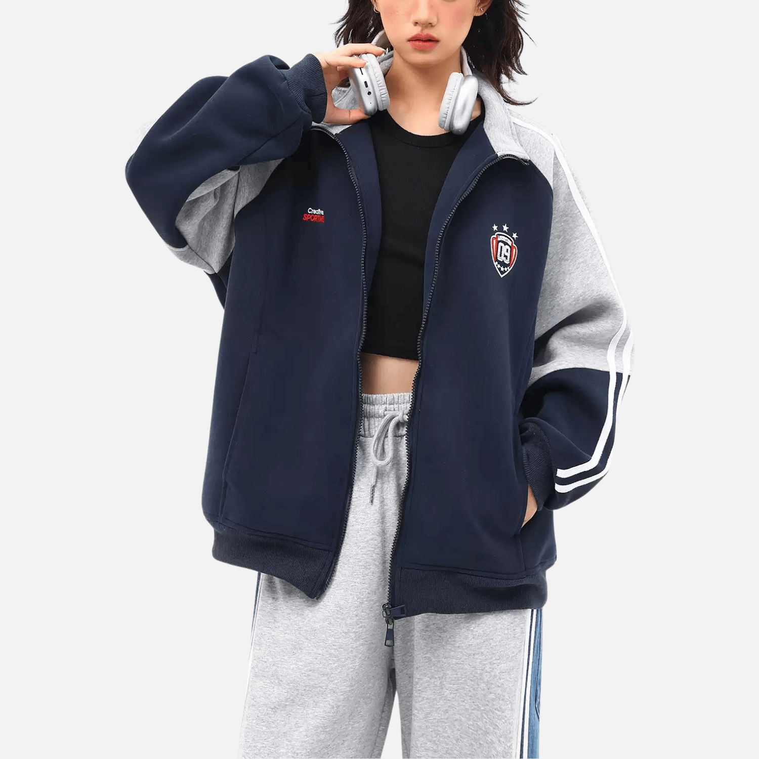 Style Core Aesthetics, New Style Trends Color-Block Embroidered Stand Collar Jacket Style Core Aesthetics, New Style Trends Color-Block Embroidered Stand Collar Jacket