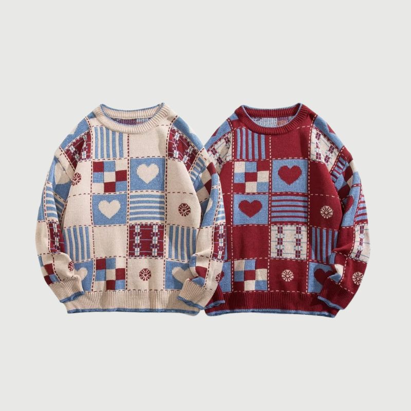 Style Core Aesthetics, New Style Trends Color-Block Heart Embroidered Knit Sweater Style Core Aesthetics, New Style Trends Color-Block Heart Embroidered Knit Sweater