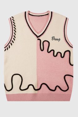 Style Core Aesthetics, New Style Trends Color Block Letter Loose V-Neck Vest