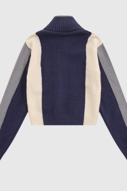 Style Core Aesthetics, New Style Trends Color-Blocked Embroidered Short Zip Neck Sweater