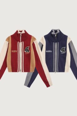 Style Core Aesthetics, New Style Trends Color-Blocked Embroidered Short Zip Neck Sweater