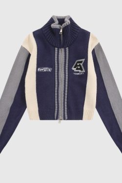 Style Core Aesthetics, New Style Trends Color-Blocked Embroidered Short Zip Neck Sweater