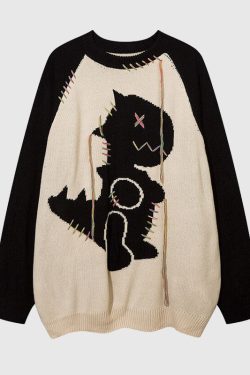 Style Core Aesthetics, New Style Trends Color Contrast Dinosaur Patchwork Design Knit Pullover