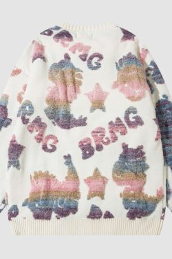 Style Core Aesthetics, New Style Trends Colorful Dinosaur Jacquard Pullover