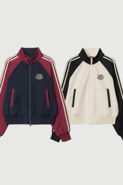 Style Core Aesthetics, New Style Trends Contrast Stripe Sleeve Short Collar Jacket