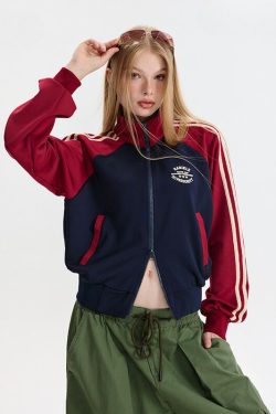 Style Core Aesthetics, New Style Trends Contrast Stripe Sleeve Short Collar Jacket