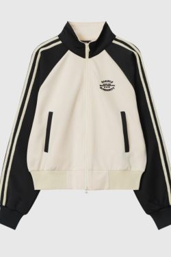 Style Core Aesthetics, New Style Trends Contrast Stripe Sleeve Short Collar Jacket