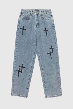 Style Core Aesthetics, New Style Trends Cross Embroidered Denim Jeans