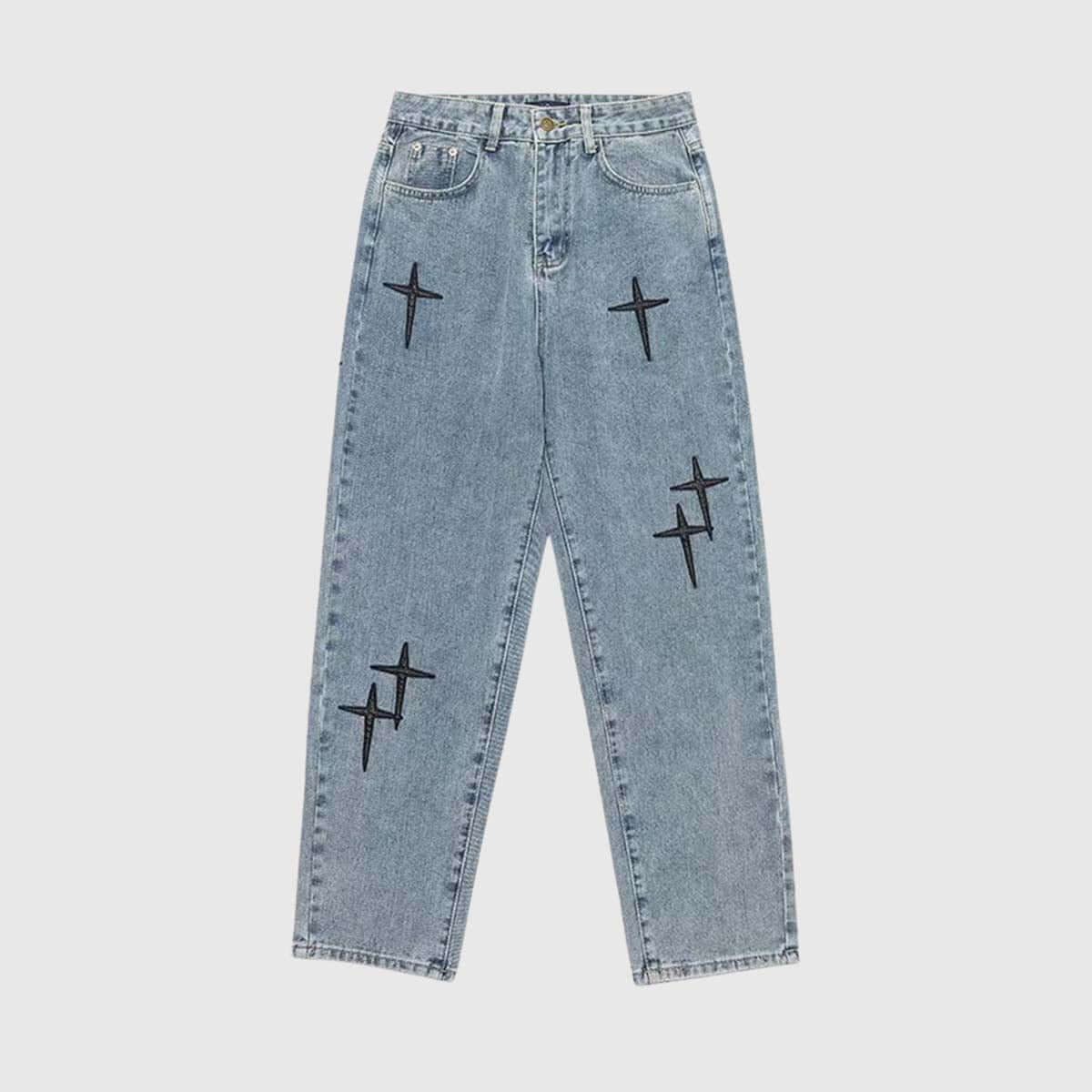Style Core Aesthetics, New Style Trends Cross Embroidered Denim Jeans Style Core Aesthetics, New Style Trends Cross Embroidered Denim Jeans