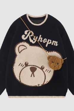 Style Core Aesthetics, New Style Trends Cute Bear Print Knit Sweater + Bear Mini Bag