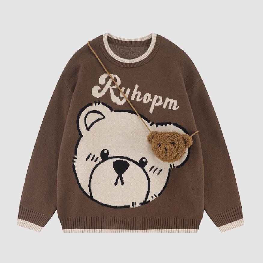 Style Core Aesthetics, New Style Trends Cute Bear Print Knit Sweater + Bear Mini Bag Style Core Aesthetics, New Style Trends Cute Bear Print Knit Sweater + Bear Mini Bag