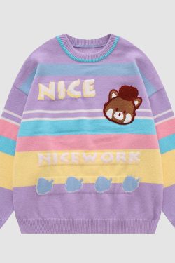 Style Core Aesthetics, New Style Trends Cute Bear & Stripe Pattern Sweater