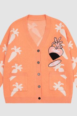 Style Core Aesthetics, New Style Trends Cute Carrot Pattern Cardigan Sweater