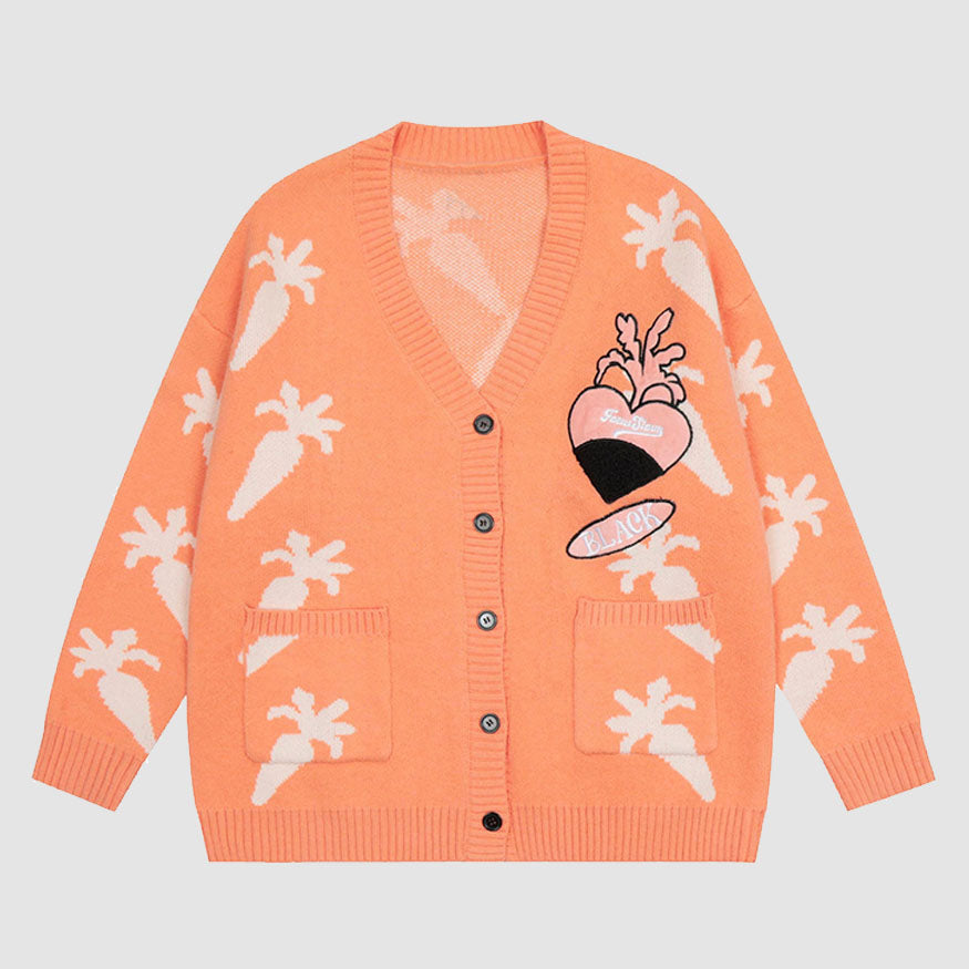 Style Core Aesthetics, New Style Trends Cute Carrot Pattern Cardigan Sweater Style Core Aesthetics, New Style Trends Cute Carrot Pattern Cardigan Sweater