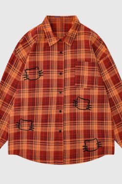 Style Core Aesthetics, New Style Trends Cute Cat Plaid Shirt