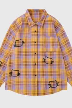 Style Core Aesthetics, New Style Trends Cute Cat Plaid Shirt