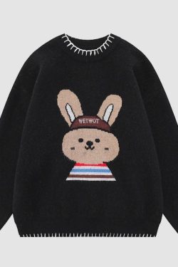 Style Core Aesthetics, New Style Trends Cute Rabbit Pattern Trim Sweater