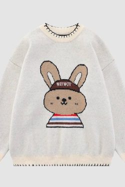 Style Core Aesthetics, New Style Trends Cute Rabbit Pattern Trim Sweater