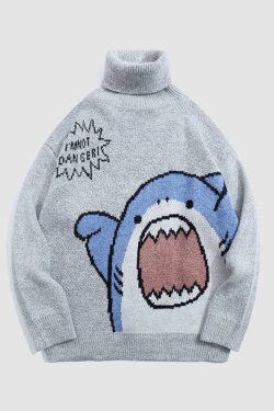 Style Core Aesthetics, New Style Trends Cute Shark Pattern Turtleneck Knit Sweater