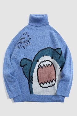Style Core Aesthetics, New Style Trends Cute Shark Pattern Turtleneck Sweater