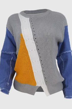 Style Core Aesthetics, New Style Trends Denim Patchwork Color Contrast Design Pullover
