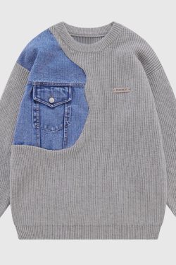Style Core Aesthetics, New Style Trends Denim Patchwork Design Pullover