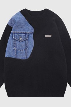 Style Core Aesthetics, New Style Trends Denim Patchwork Design Pullover