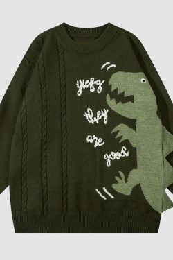 Style Core Aesthetics, New Style Trends Dinosaur Pattern Patchwork Solid Color Sweater
