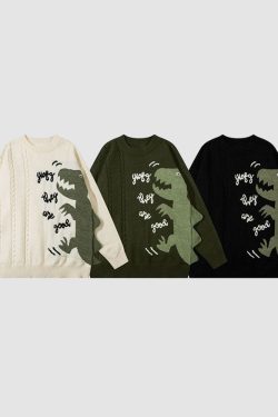 Style Core Aesthetics, New Style Trends Dinosaur Pattern Patchwork Solid Color Sweater