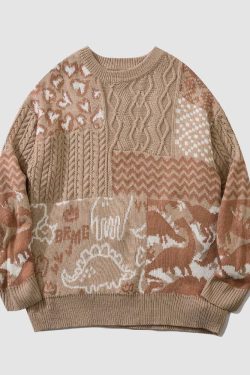 Style Core Aesthetics, New Style Trends Dinosaur Pattern Stitching Knit Sweater