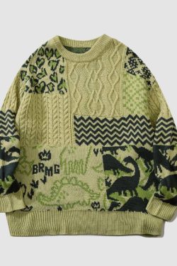 Style Core Aesthetics, New Style Trends Dinosaur Pattern Stitching Knit Sweater