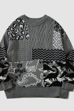 Style Core Aesthetics, New Style Trends Dinosaur Pattern Stitching Sweater